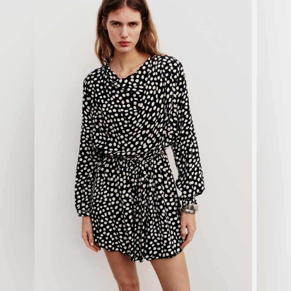 NWT Zara Women's Black Polka Dot Long Sleeve Cowl‎ Neck Mini Dress Size M Party